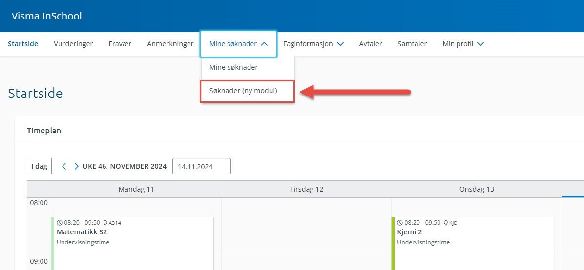 Skjermbilde fra InSchool som viser knappen Mine søknader og undermenyen Søknader (ny modul) 