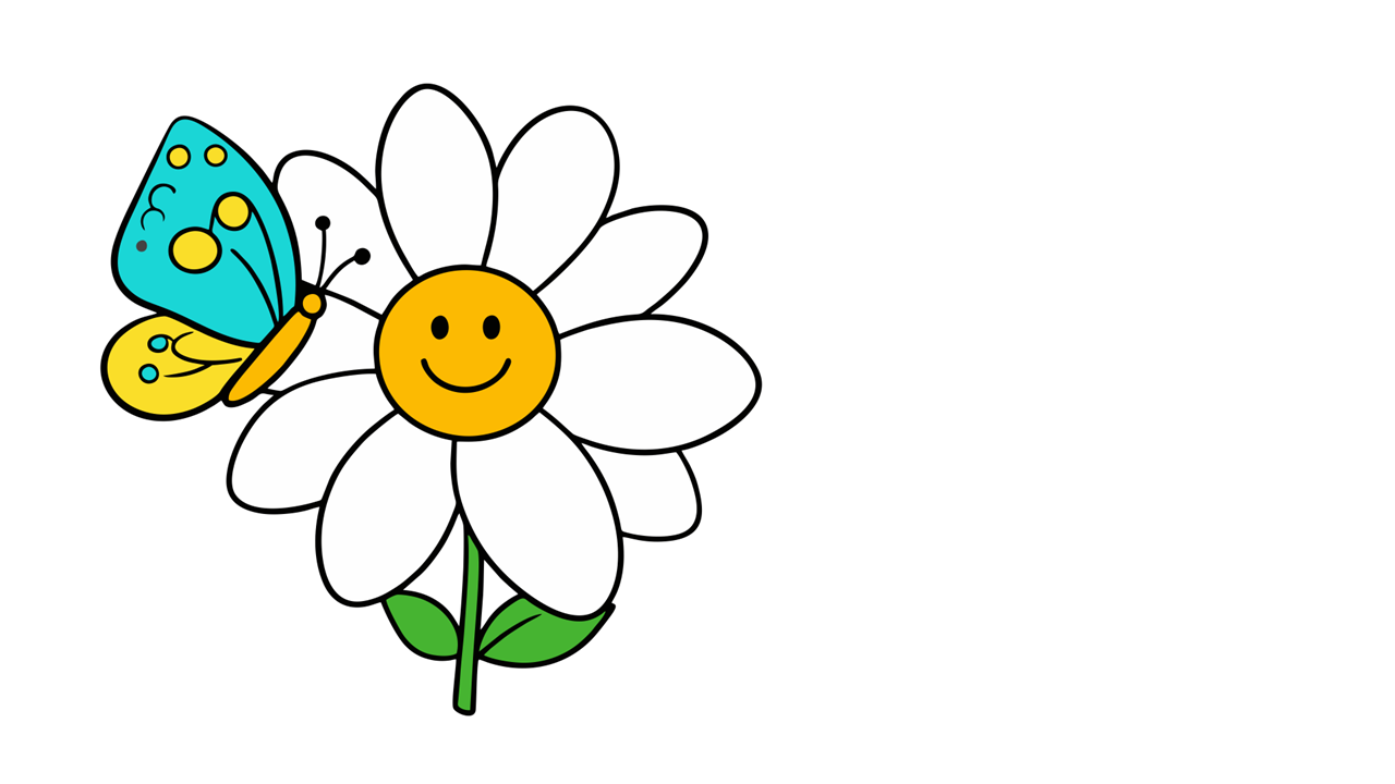 En enkel strektegning av en prestekrage med fjes som smiler og en liten sommerfugl som sitter på den.