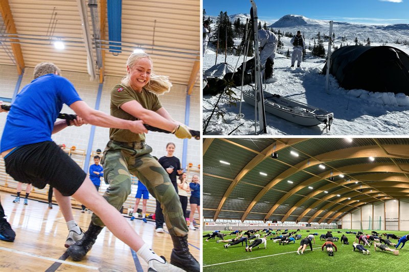 Tautrekking, soldater på vinterøvelse og kadetter som trener styrke i fotballhallen.