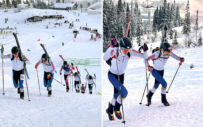 Randonee utøvere går mot fotografen på tur oppover alpinbakken . 