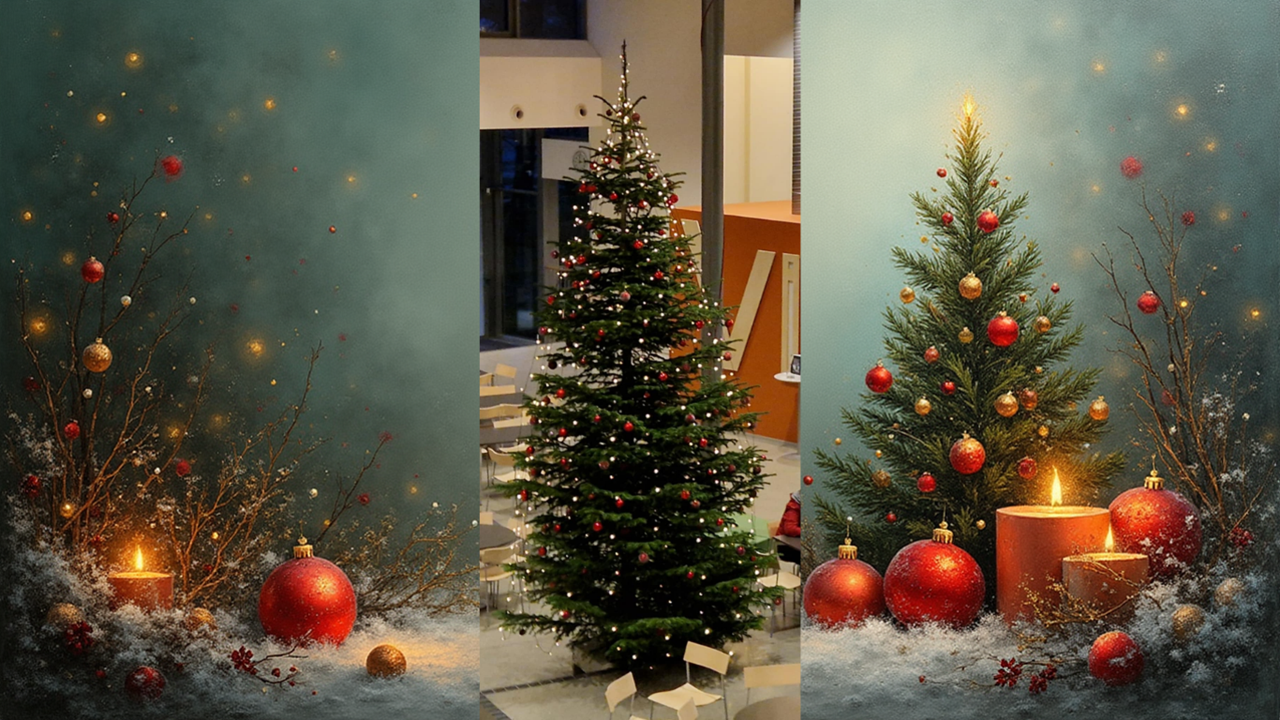 Illustrasjonsbilde juletreet i skolens kantine desember 2025, med bakgrunn julekuler og juletre