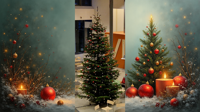 Illustrasjonsbilde juletreet i skolens kantine desember 2025, med bakgrunn julekuler og juletre
