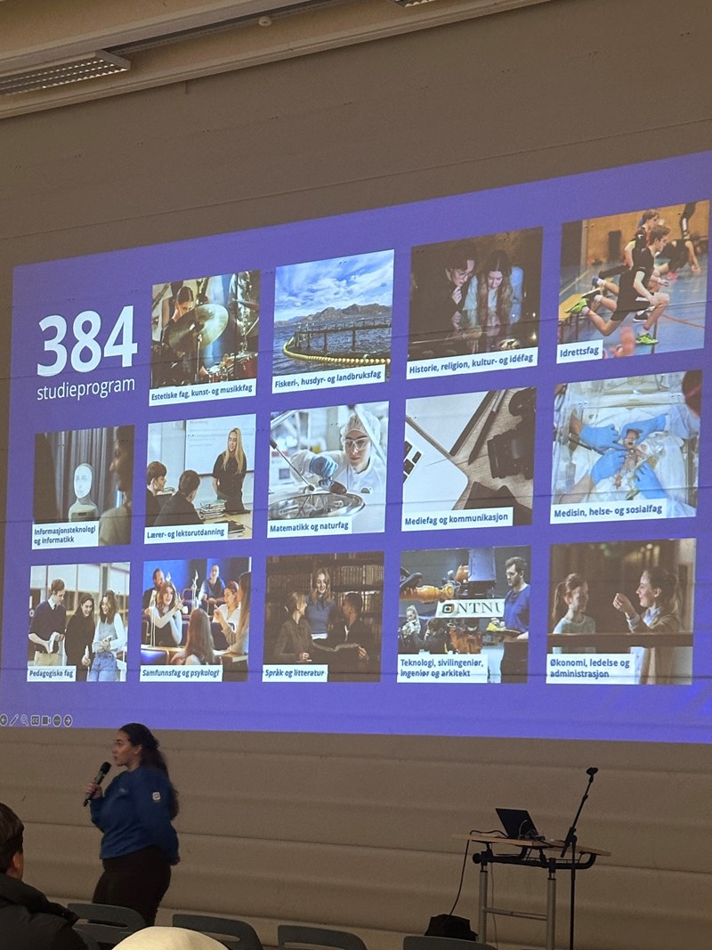 Bildet viser en PowerPoint-presentasjon av ulike universiteter i Norge.