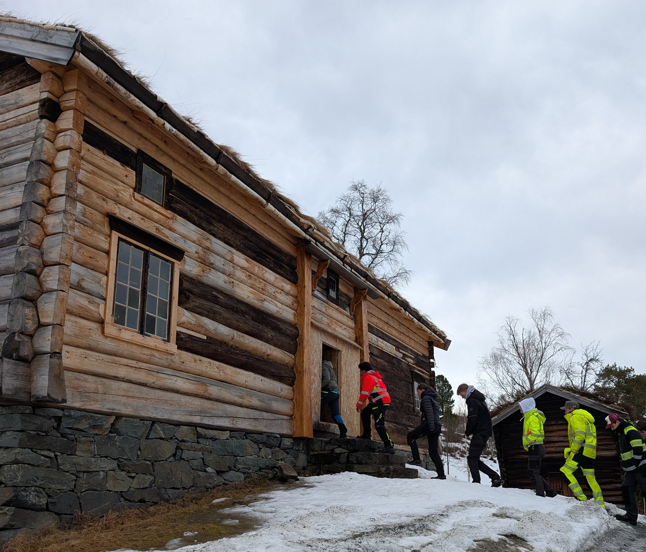 Bildet viser elever ved vg2 Tømrer som deltar i kurset "Fra skog til hus".